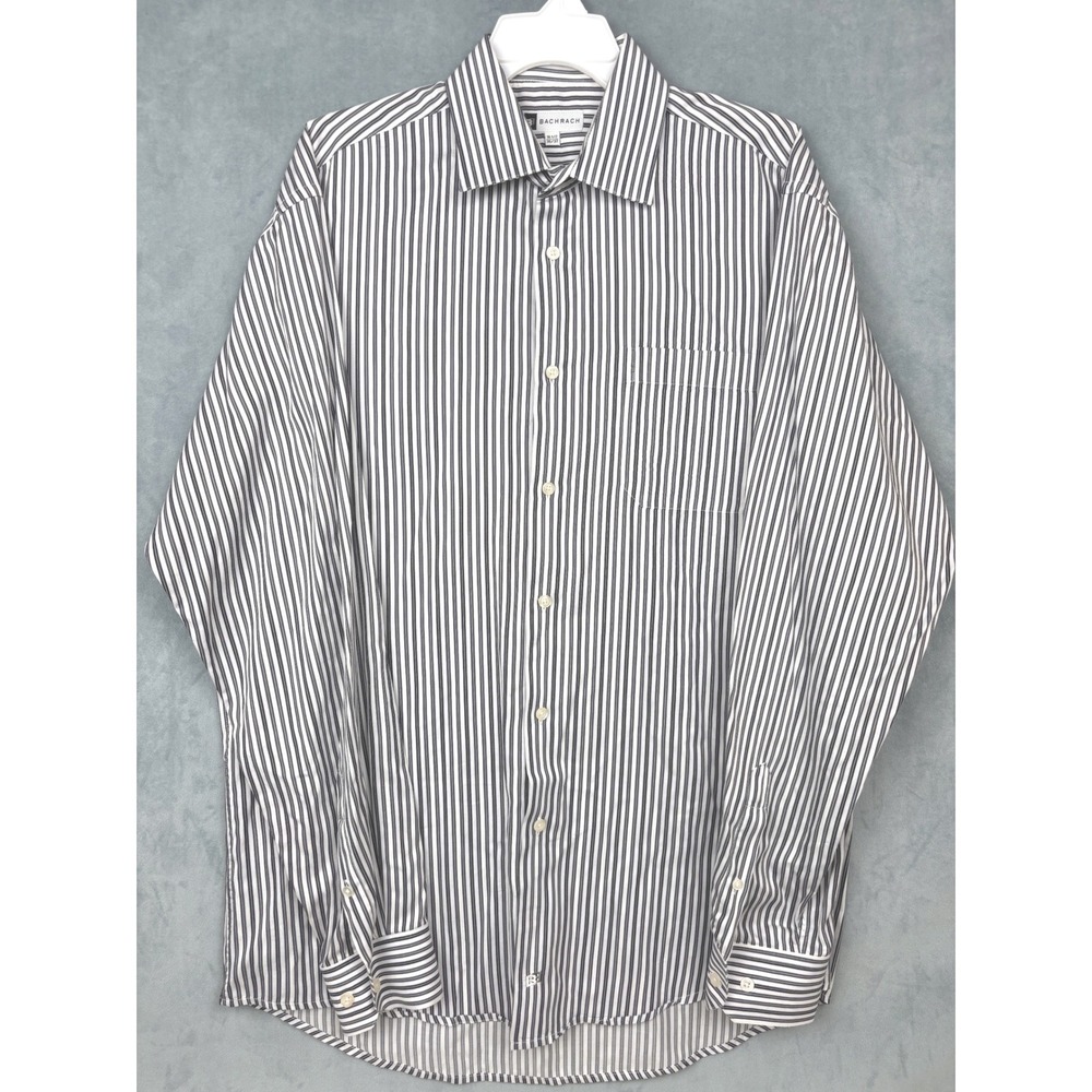 Bachrach Mens Dress Shirt 16.5 36/37 Black White Striped Cotton Long Sleeve